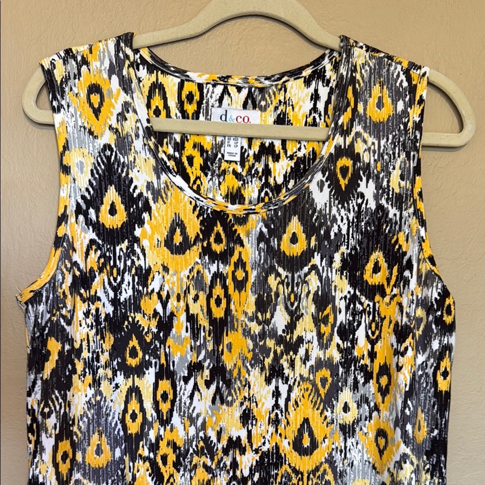 Denim & Co Yellow Black Geometric Ikat Midi Dress Side Slit Knit Petite LP - Picture 3 of 15